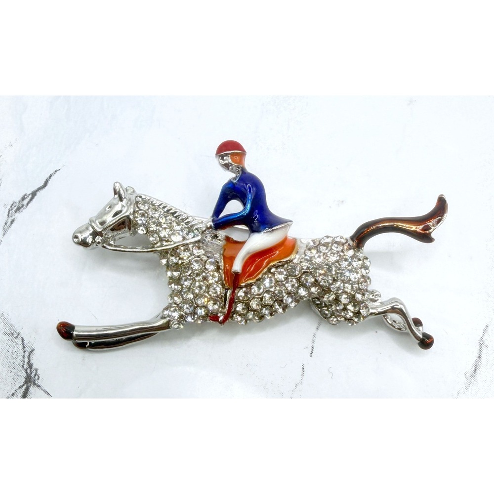Rhinestone Racehorse Jockey Brooch Silver Tone Equestrian Horse Racing Pin